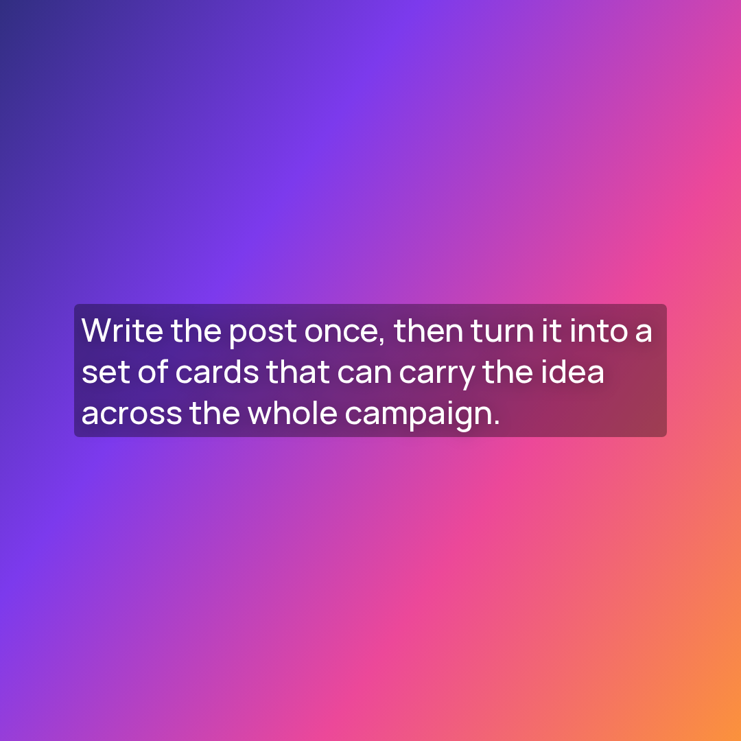 Square Pro campaign note card with longer white text inside a translucent panel over a purple orange gradient.