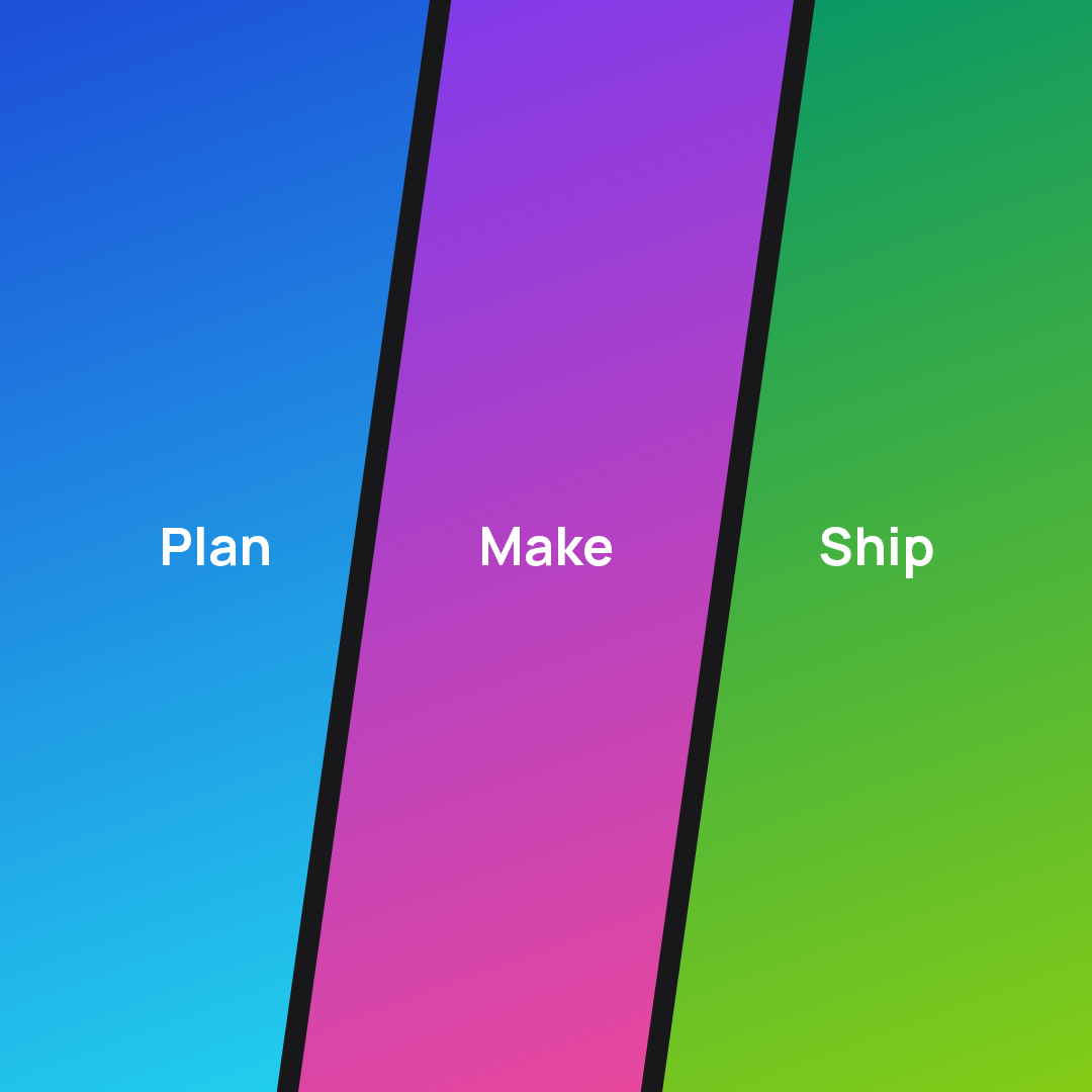 Square collage of three slanted gradient columns reading Plan, Make, and Ship.