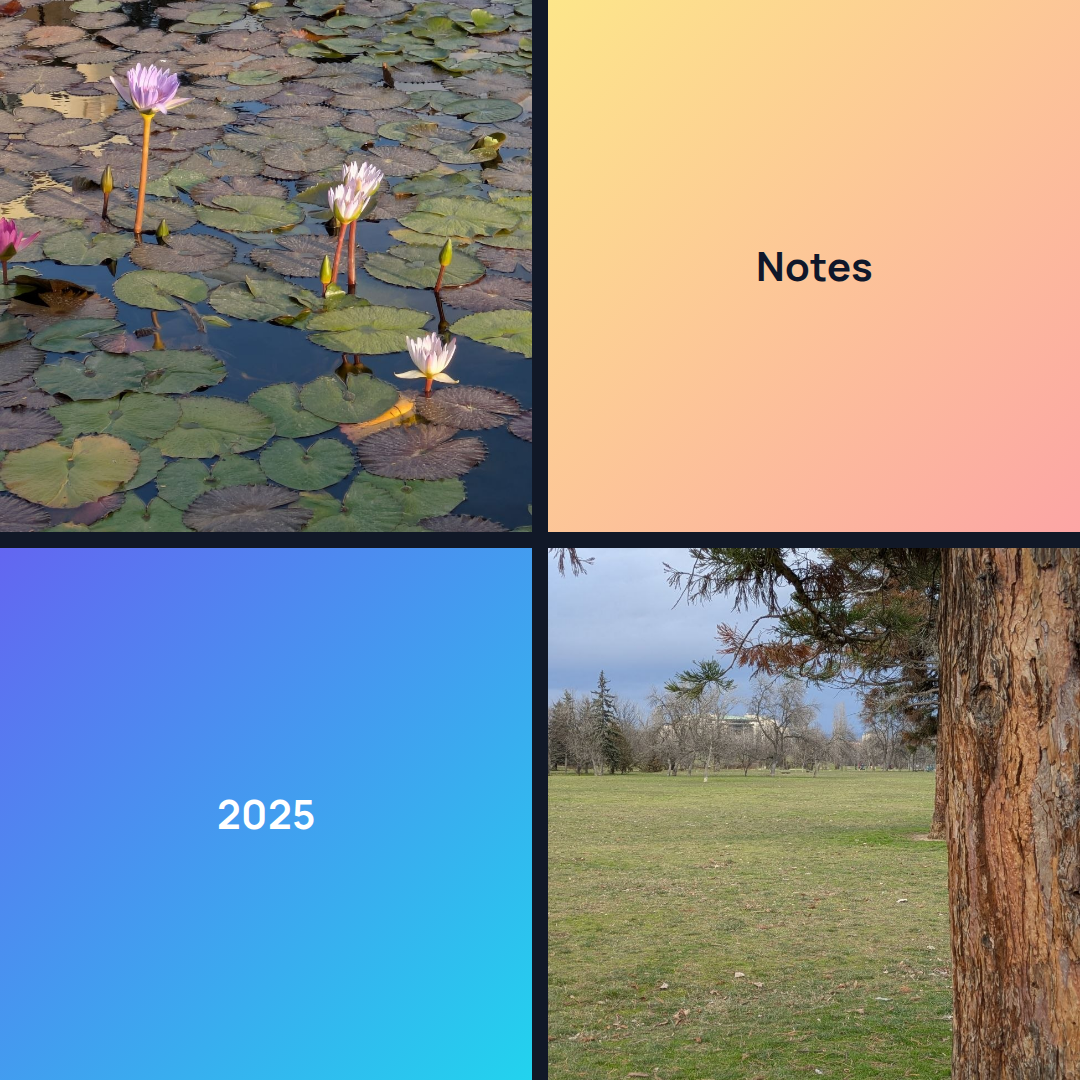 Square four-card grid collage with two photographs and two short gradient text panels on thin dark borders.