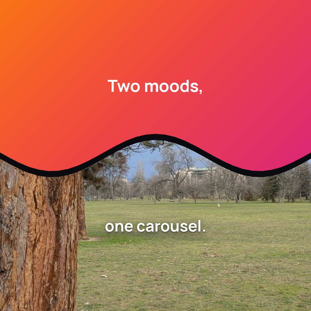 Square collage split by a wave, a warm gradient headline above and a park photograph below.