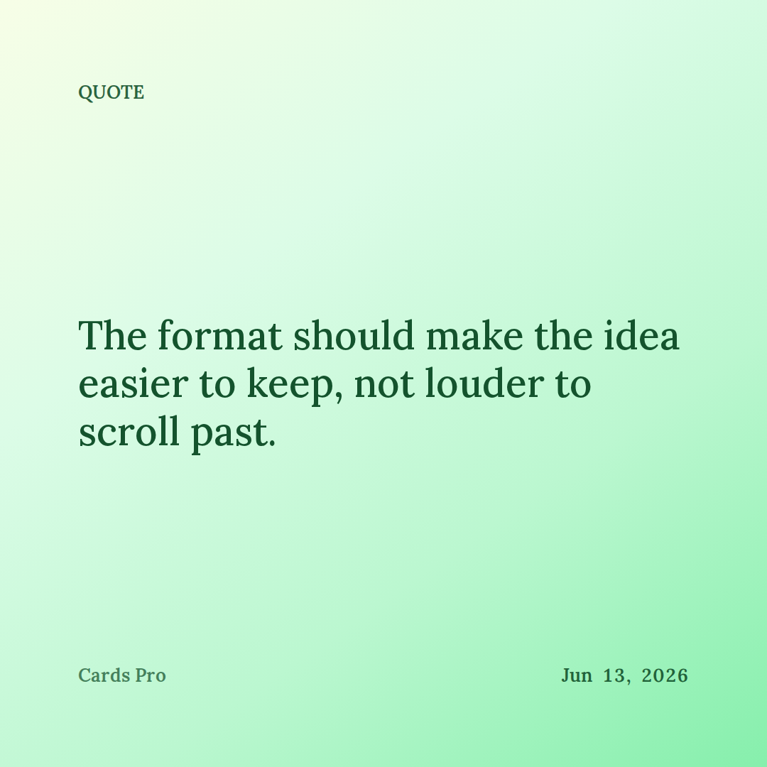 Square editorial quote card with large dark serif text and an author footer on a pale green background.